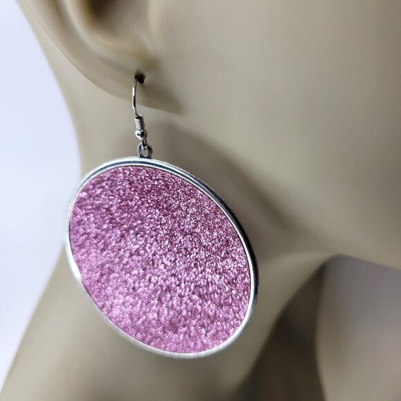 Pink Glitter Round Earrings - Picture 2 of 5